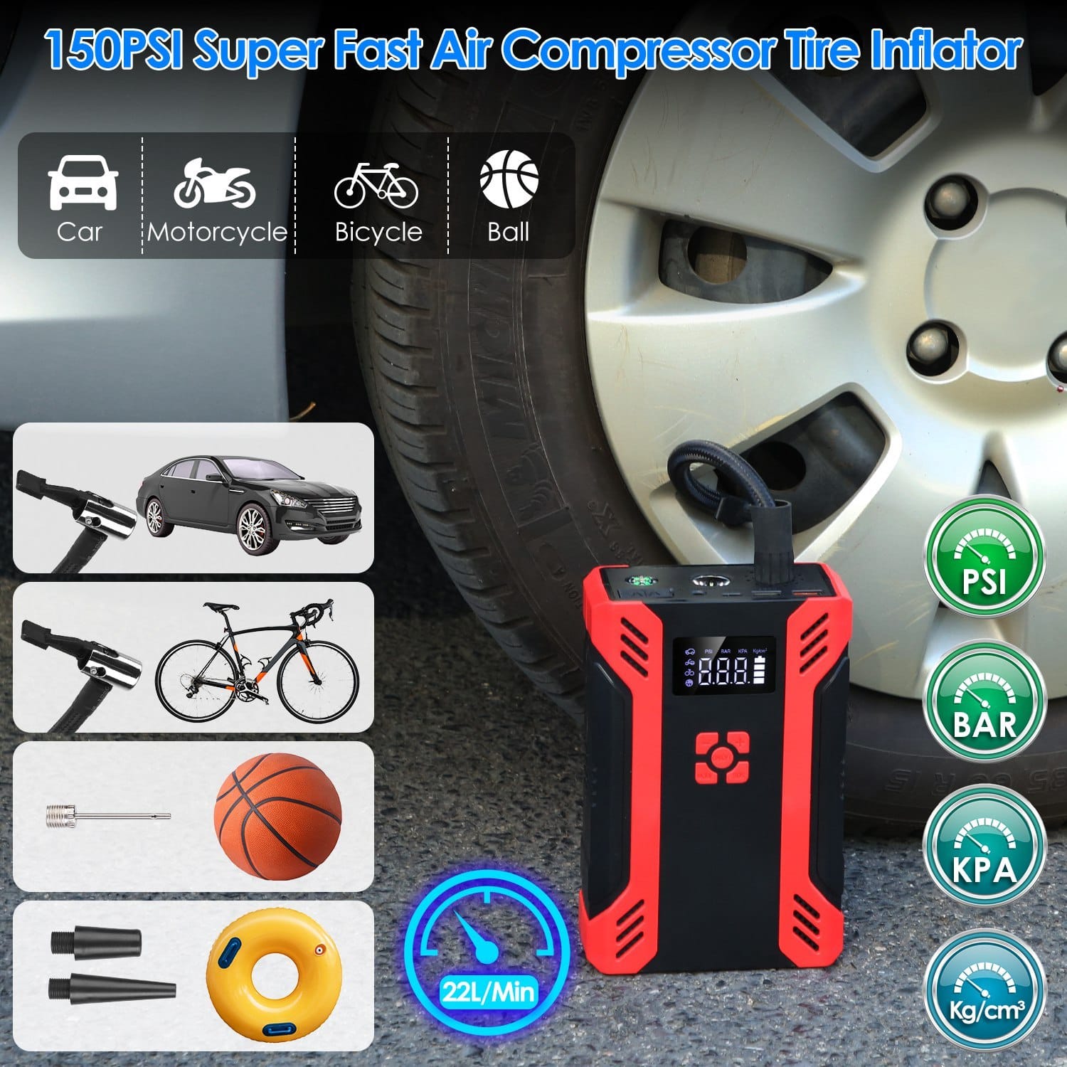 1Pc Car Jump Starter With Air Compressor Portable Car Battery Booster With Digital Tire Inflator With 2000mAh Peak Current For 12V Car 6.5L Gas Or 4.0L Diesel Engines - Görsel 5