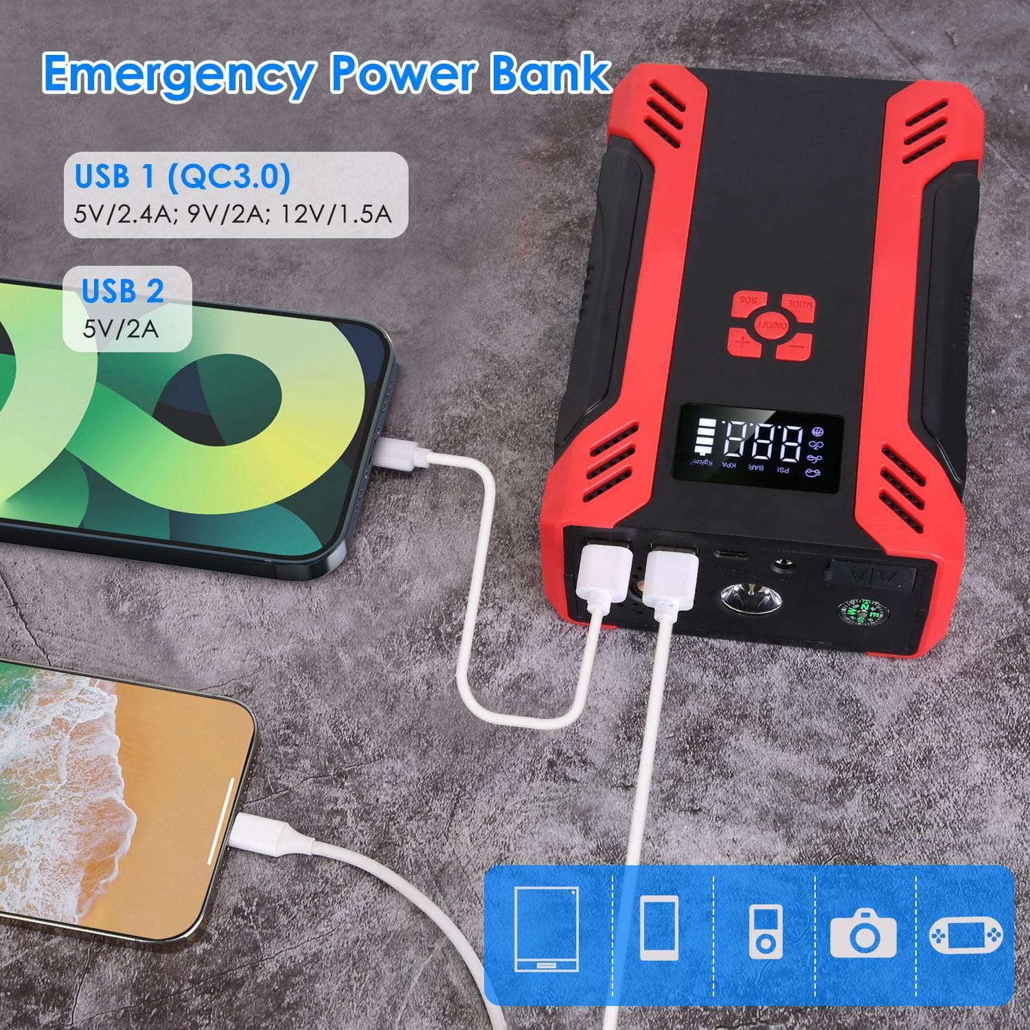 1Pc Car Jump Starter With Air Compressor Portable Car Battery Booster With Digital Tire Inflator With 2000mAh Peak Current For 12V Car 6.5L Gas Or 4.0L Diesel Engines - Görsel 3