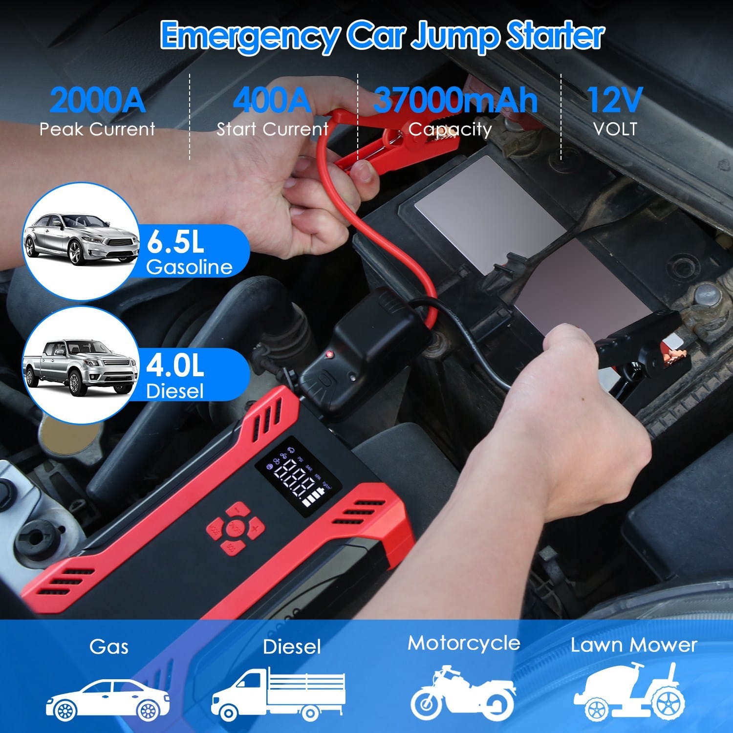 1Pc Car Jump Starter With Air Compressor Portable Car Battery Booster With Digital Tire Inflator With 2000mAh Peak Current For 12V Car 6.5L Gas Or 4.0L Diesel Engines - Görsel 2